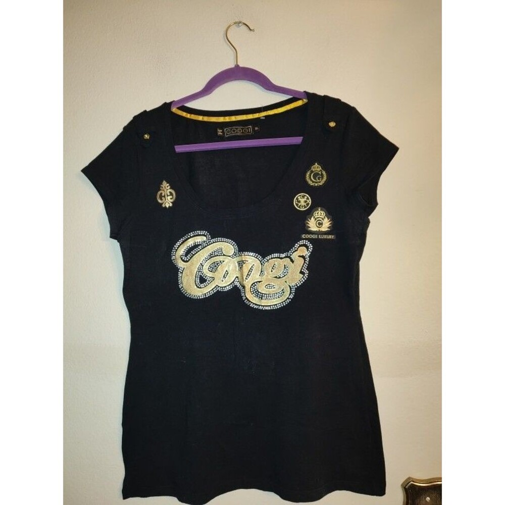 RARE Womens COOGI Black T Shirt Gold & Rhinestones Decoration Size XL Fits Sz L